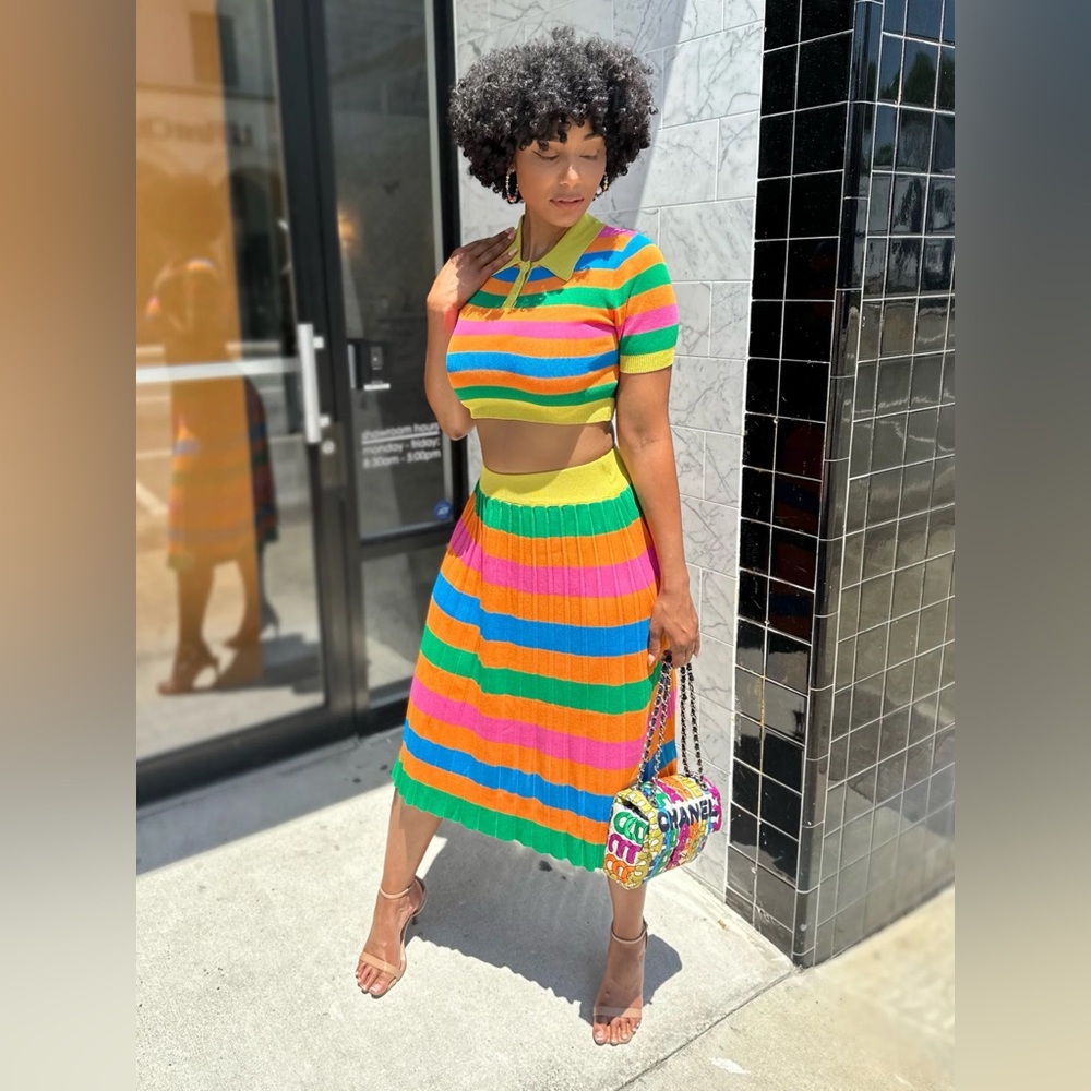 Women’s Colorful Rainbow Striped Cropped Shirt & Pleated Maxi Skirt Set Sz Large - Picture 6 of 12